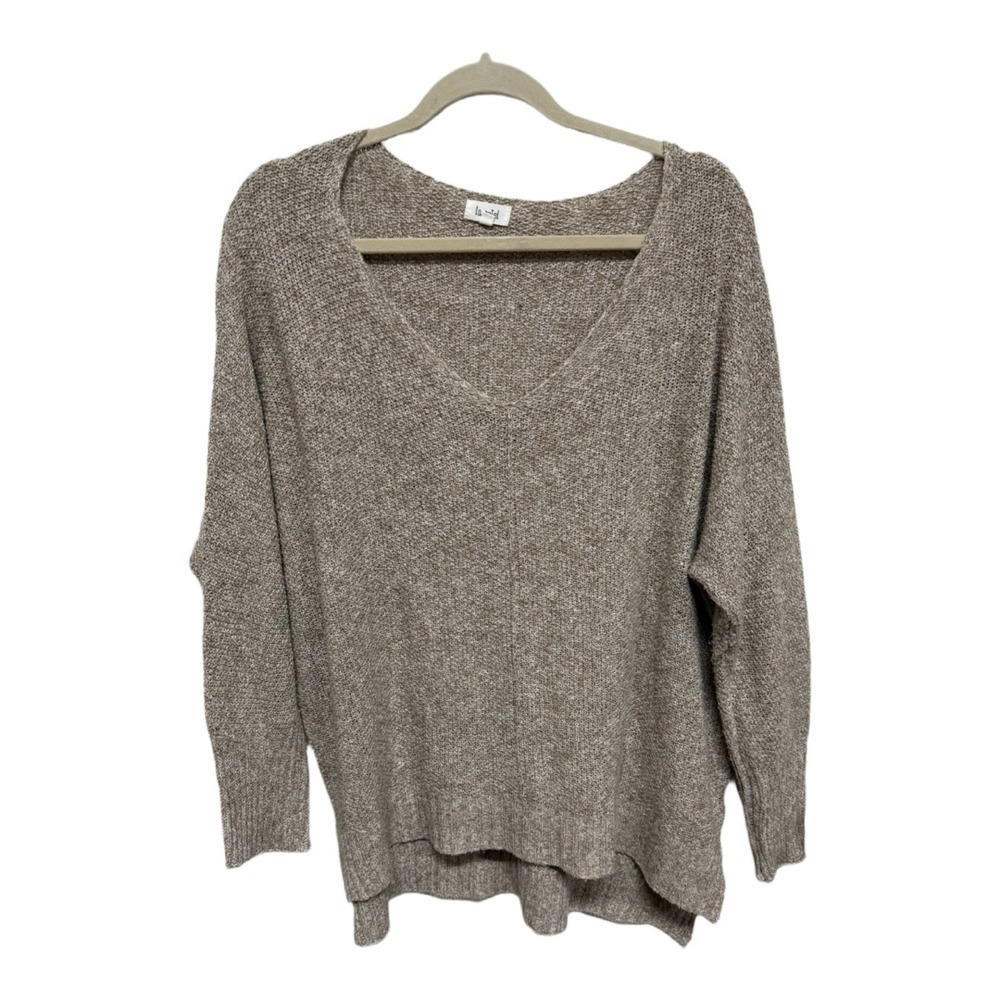 LA MIEL Exposed Seam Knit Tan Sweater Women's Large Scoop Neck 3/4 Sleeve
